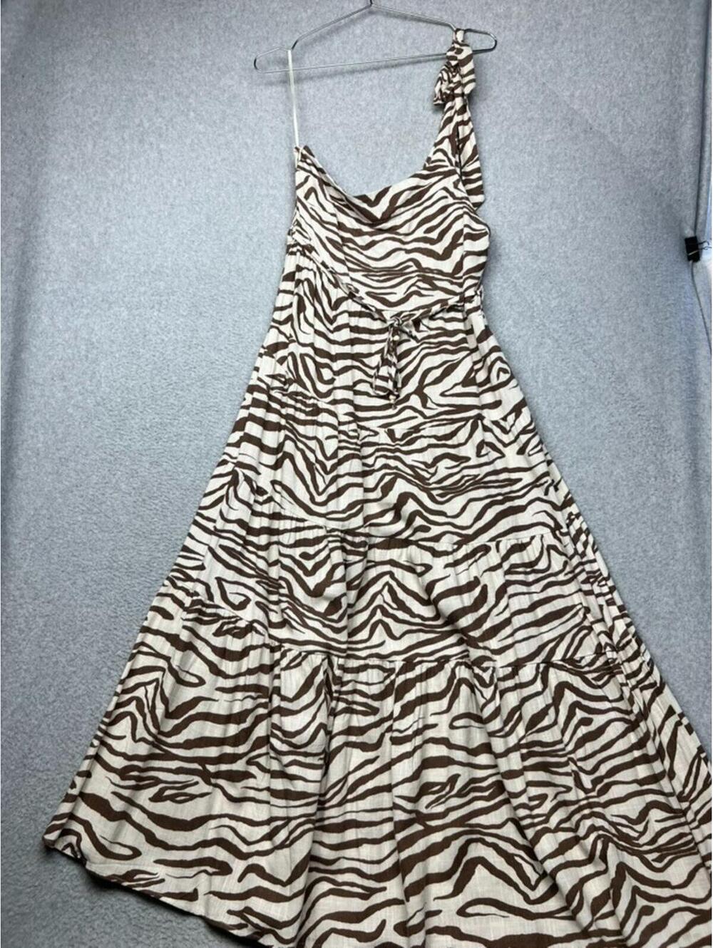 White Closet Zebra Print One-Shoulder Maxi Dress Brown Cream Boho Resort Size M